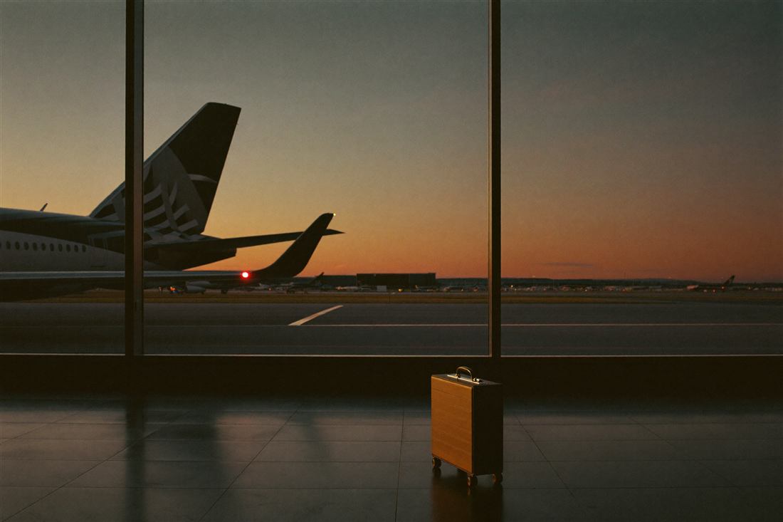 夕暮れの空港ターミナルから見える旅客機 / An aircraft seen from an airport terminal at dusk
